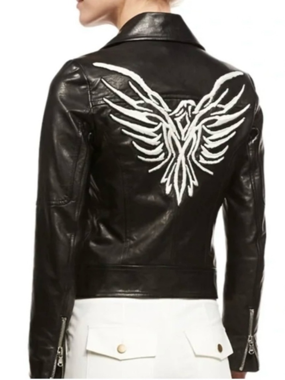 Veronica Beard Freedom Embroidered Eagle Leather Moto Jacket.